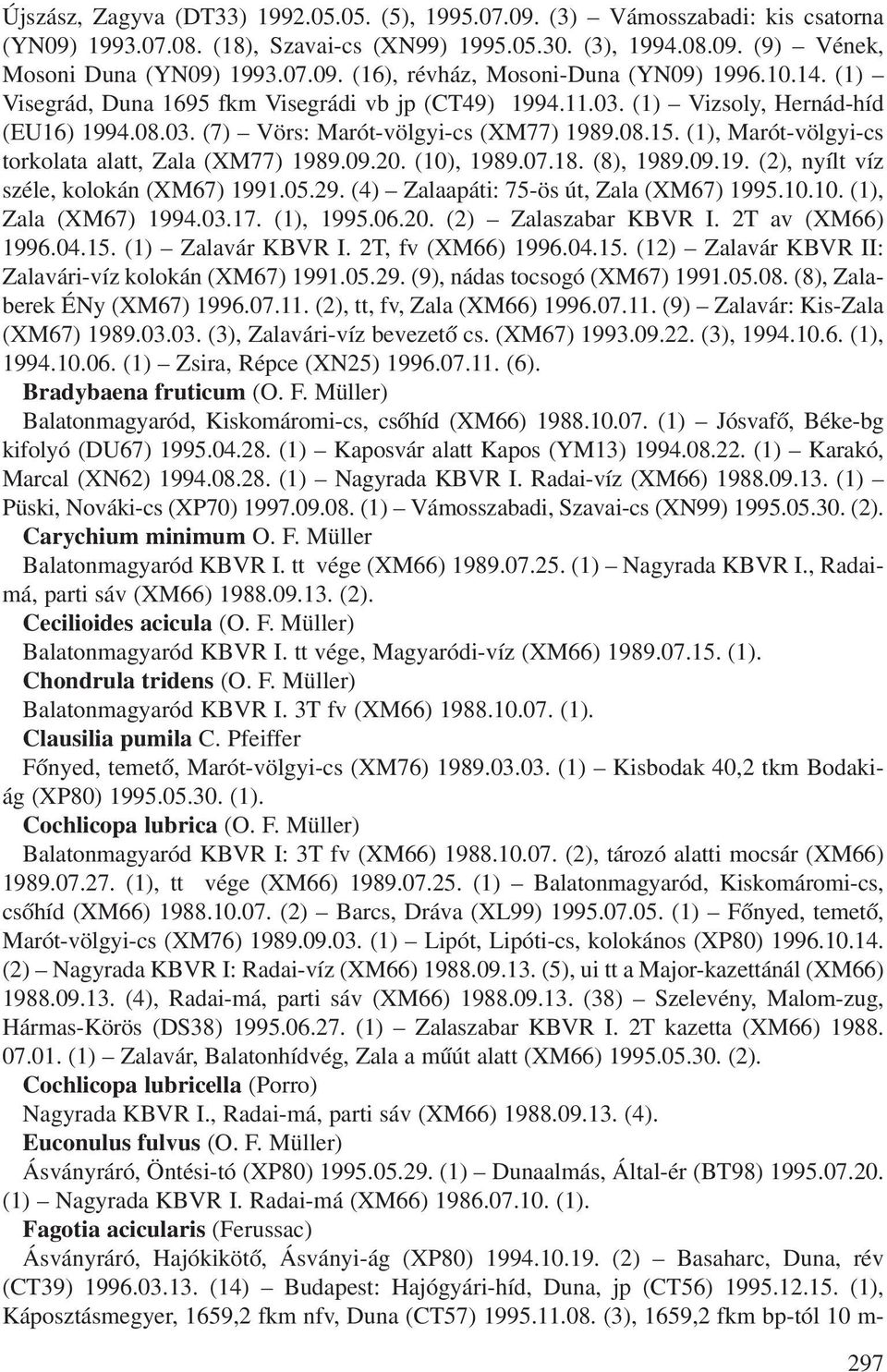 (1), Marót-völgyi-cs torkolata alatt, Zala (XM77) 1989.09.20. (10), 1989.07.18. (8), 1989.09.19. (2), nyílt víz széle, kolokán (XM67) 1991.05.29. (4) Zalaapáti: 75-ös út, Zala (XM67) 1995.10.10. (1), Zala (XM67) 1994.