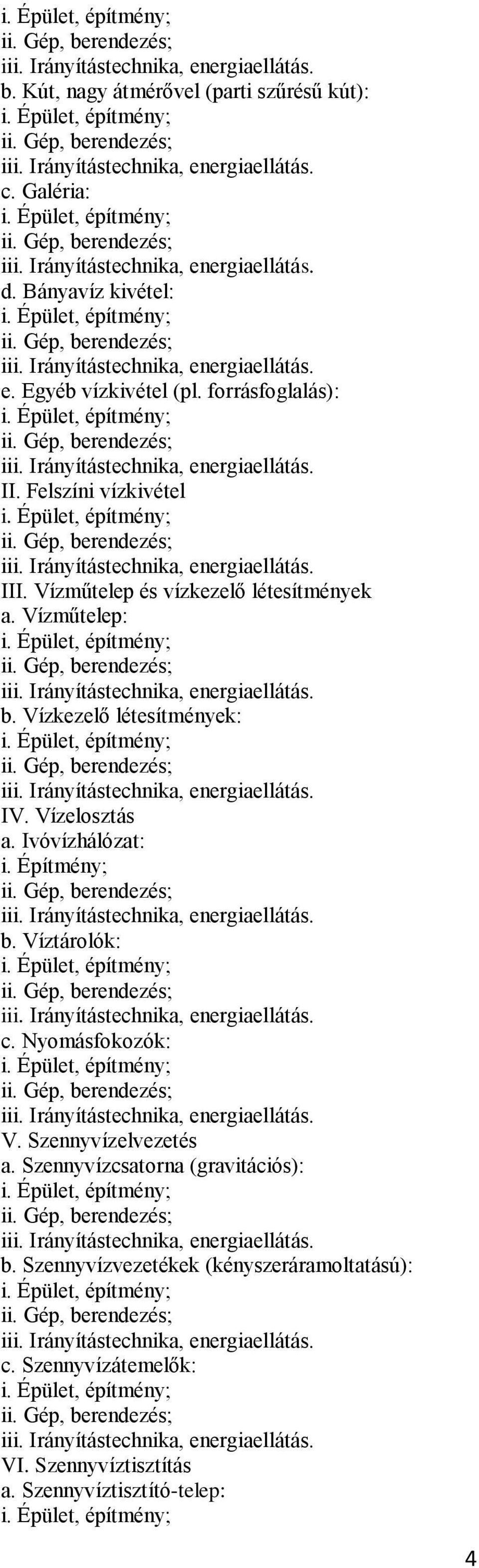 Vízelosztás a. Ivóvízhálózat: i. Építmény; b. Víztárolók: c. Nyomásfokozók: V. Szennyvízelvezetés a.