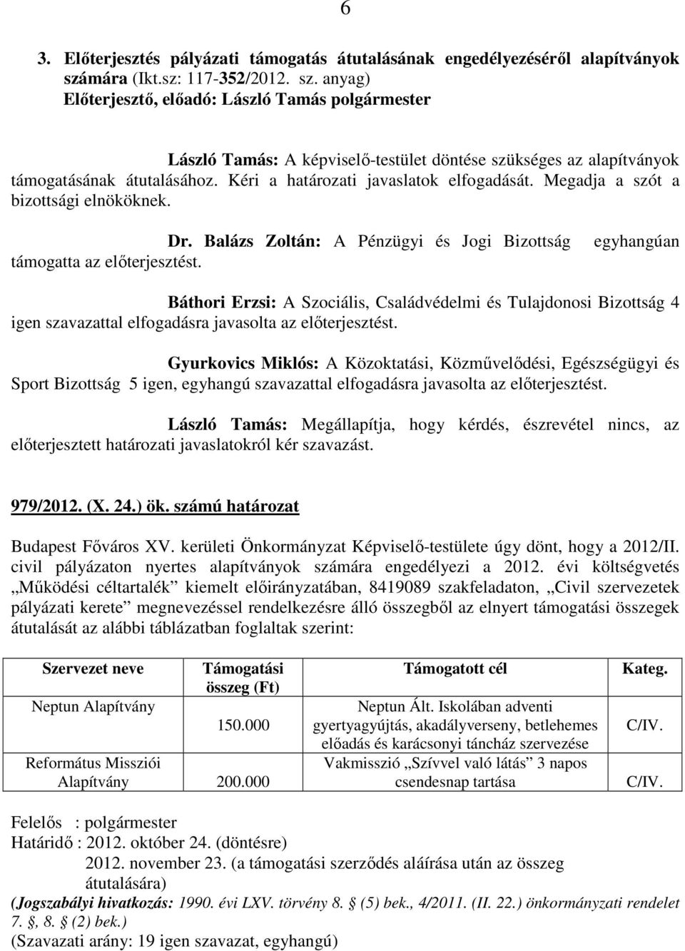 egyhangúan Báthori Erzsi: A Szociális, Családvédelmi és Tulajdonosi Bizottság 4 igen szavazattal elfogadásra javasolta az előterjesztést.