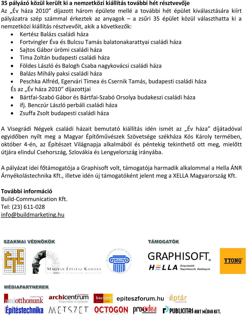 Sajtos Gábor ürömi családi háza Tima Zoltán budapesti családi háza Földes László és Balogh Csaba nagykovácsi családi háza Balázs Mihály paksi családi háza Peschka Alfréd, Egervári Tímea és Csernik