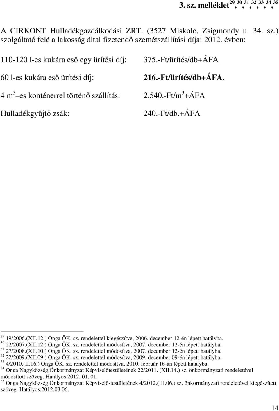 -Ft/m 3 +ÁFA Hulladékgyűjtő zsák: 240.-Ft/db.+ÁFA 29 19/2006.(XII.12.) Onga ÖK. sz. rendelettel kiegészítve, 2006. december 12-én lépett hatályba. 30 22/2007.(XII.12.) Onga ÖK. sz. rendelettel módosítva, 2007.