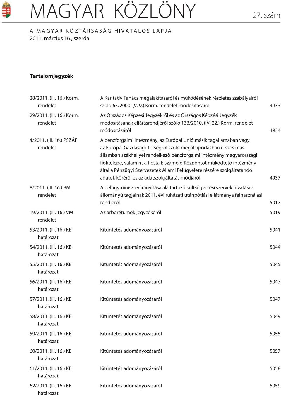 (III. 16.) KE határozat 58/2011. (III. 16.) KE határozat 59/2011. (III. 16.) KE határozat 60/2011. (III. 16.) KE határozat 61/2011. (III. 16.) KE határozat 62/2011. (III. 16.) KE határozat A Karitatív Tanács megalakításáról és mûködésének részletes szabályairól szóló 65/2000.