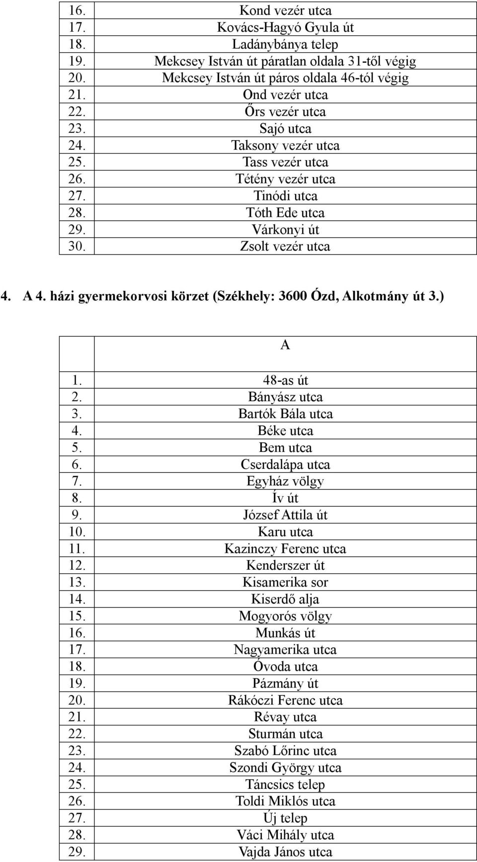 4. házi gyermekorvosi körzet (Székhely: 3600 Ózd, lkotmány út 3.) 1. 48-as út 2. ányász utca 3. artók ála utca 4. éke utca 5. em utca 6. Cserdalápa utca 7. Egyház völgy 8. Ív út 9. József ttila út 10.