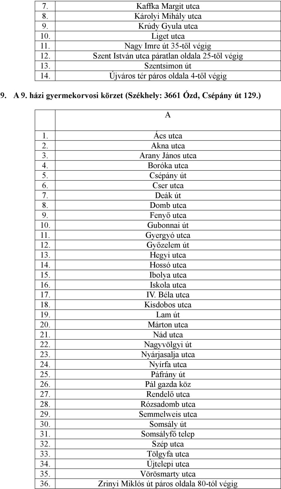 Deák út 8. Domb utca 9. Fenyő utca 10. Gubonnai út 11. Gyergyó utca 12. Győzelem út 13. Hegyi utca 14. Hossó utca 15. Ibolya utca 16. Iskola utca 17. IV. éla utca 18. Kisdobos utca 19. Lam út 20.