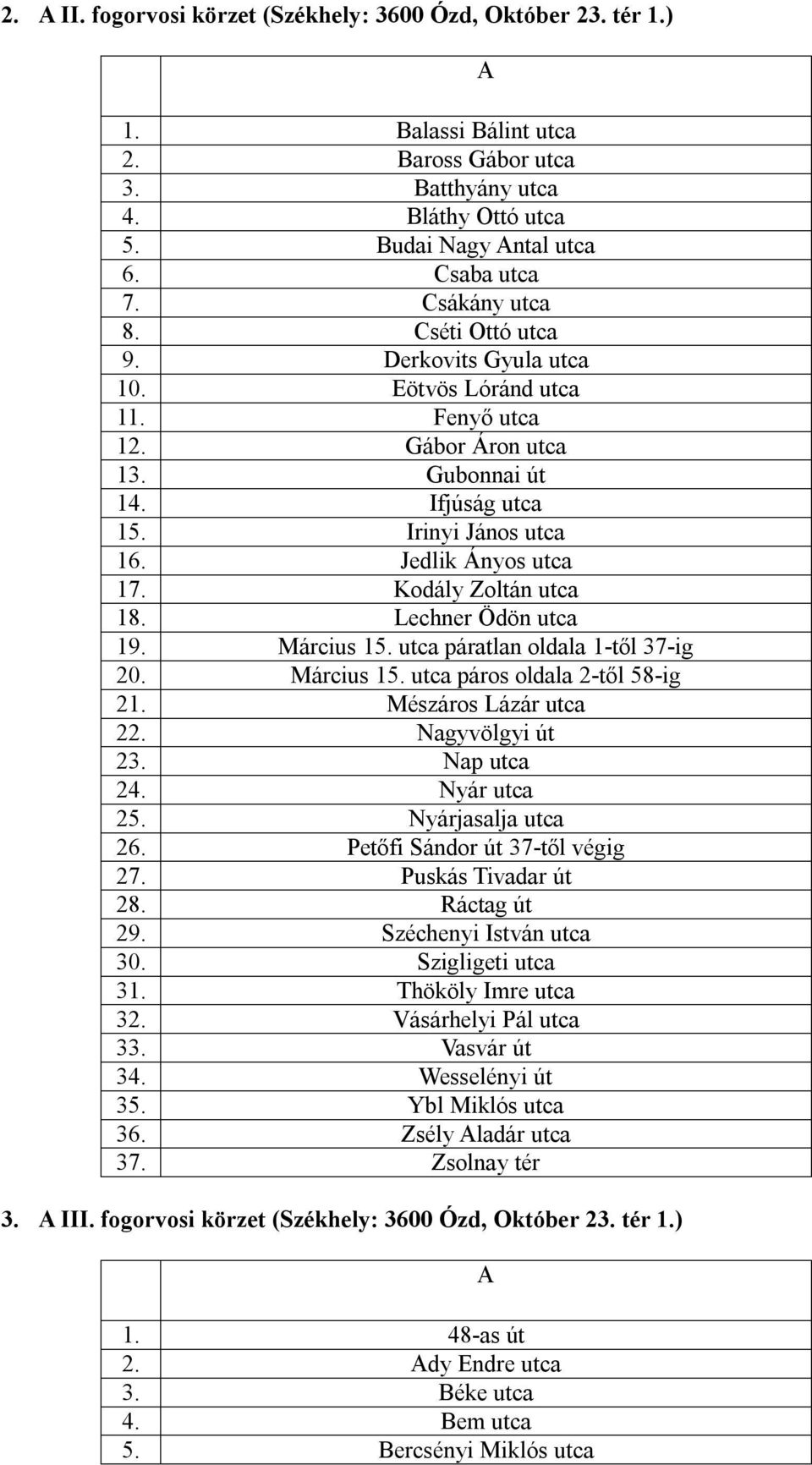 Kodály Zoltán utca 18. Lechner Ödön utca 19. Március 15. utca páratlan oldala 1-től 37-ig 20. Március 15. utca páros oldala 2-től 58-ig 21. Mészáros Lázár utca 22. Nagyvölgyi út 23. Nap utca 24.
