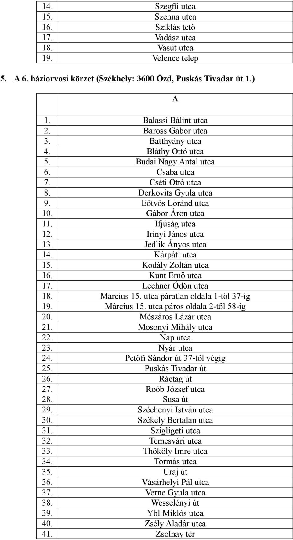 Irinyi János utca 13. Jedlik Ányos utca 14. Kárpáti utca 15. Kodály Zoltán utca 16. Kunt Ernő utca 17. Lechner Ödön utca 18. Március 15. utca páratlan oldala 1-től 37-ig 19. Március 15. utca páros oldala 2-től 58-ig 20.