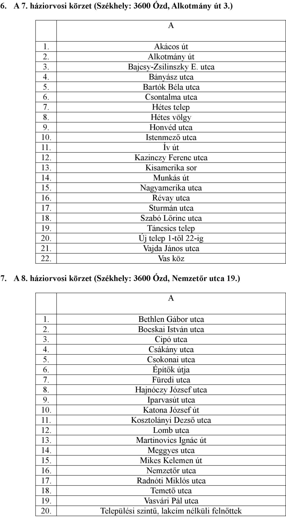 Új telep 1-től 22-ig 21. Vajda János utca 22. Vas köz 7. 8. háziorvosi körzet (Székhely: 3600 Ózd, Nemzetőr utca 19.) 1. ethlen Gábor utca 2. ocskai István utca 3. Cipó utca 4. Csákány utca 5.