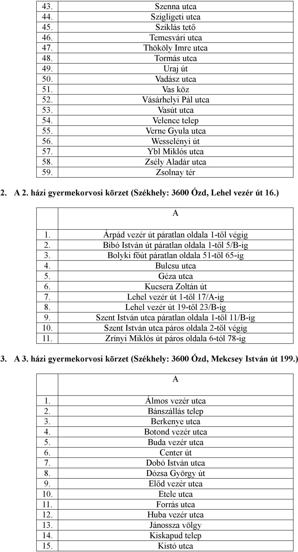 Árpád vezér út páratlan oldala 1-től végig 2. ibó István út páratlan oldala 1-től 5/-ig 3. olyki főút páratlan oldala 51-től 65-ig 4. ulcsu utca 5. Géza utca 6. Kucsera Zoltán út 7.