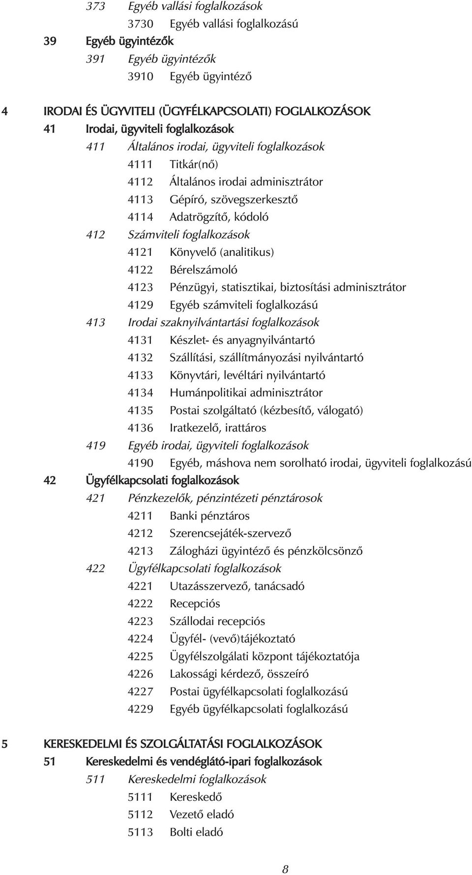 foglalkozások 4121 Könyvelő (analitikus) 4122 Bérelszámoló 4123 Pénzügyi, statisztikai, biztosítási adminisztrátor 4129 Egyéb számviteli foglalkozású 413 Irodai szaknyilvántartási foglalkozások 4131