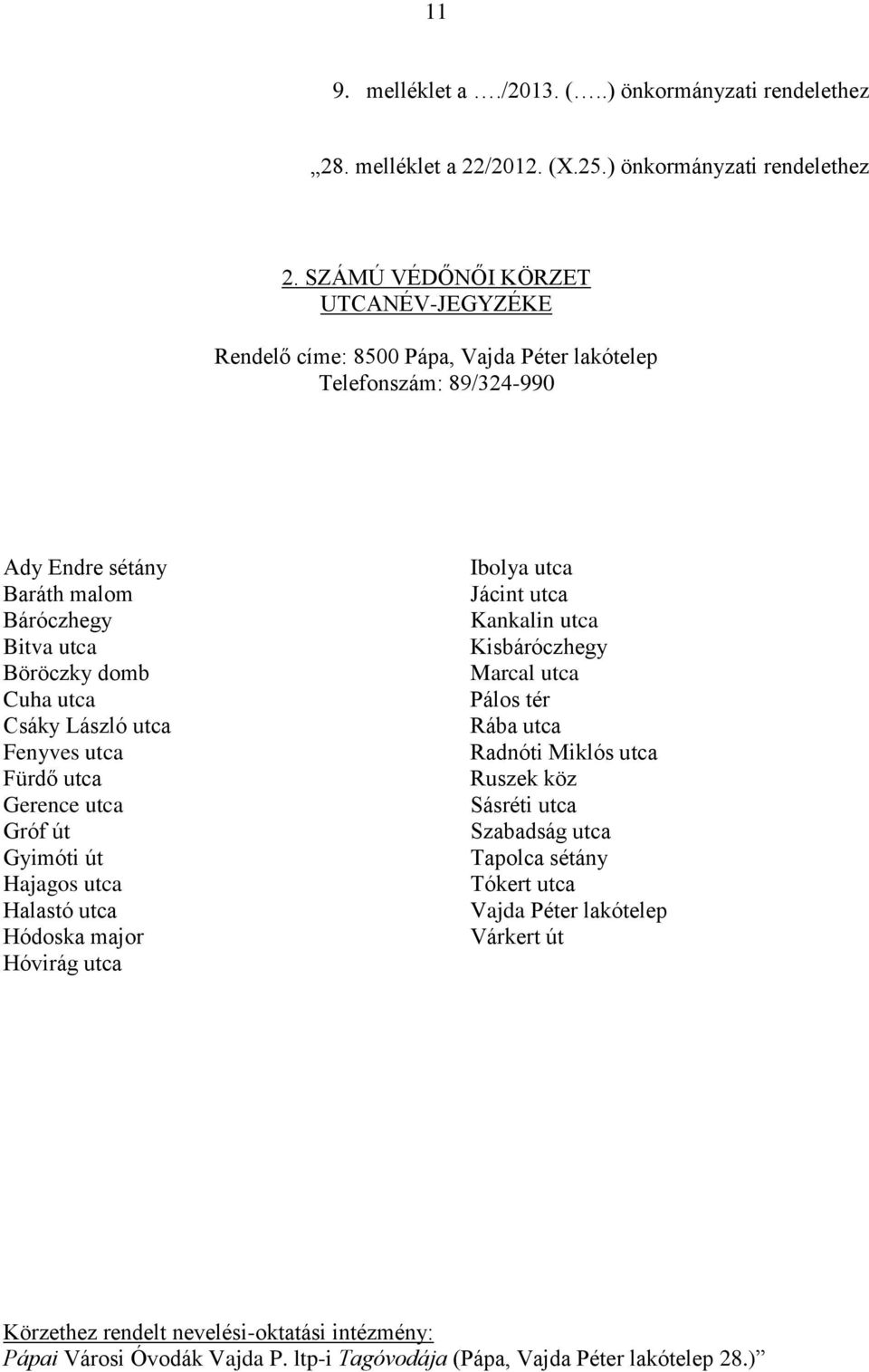 SZÁMÚ VÉDŐNŐI KÖRZET Rendelő címe: 8500 Pápa, Vajda Péter lakótelep Telefonszám: 89/324-990 Ady Endre sétány Baráth malom Báróczhegy Bitva utca Böröczky domb Cuha utca Csáky