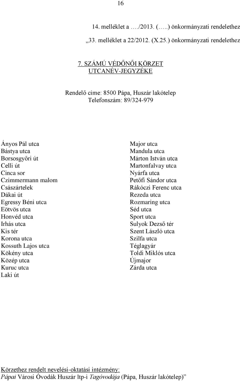 Egressy Béni utca Eötvös utca Honvéd utca Irhás utca Kis tér Korona utca Kossuth Lajos utca Kökény utca Közép utca Kuruc utca Laki út Major utca Mandula utca Márton István utca Martonfalvay