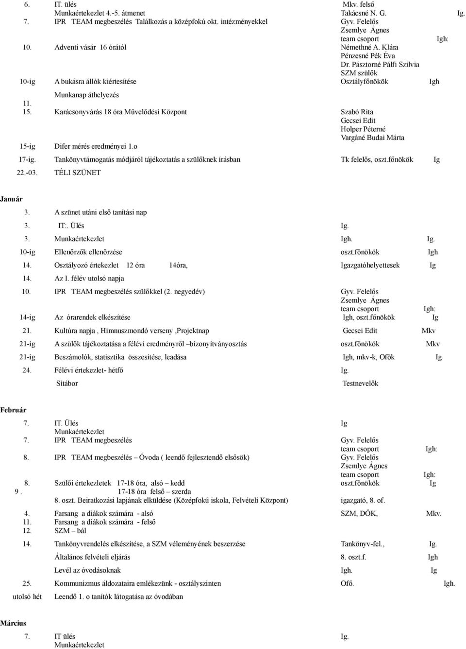 Karácsonyvárás 18 óra Művelődési Központ Szabó Rita Gecsei Edit Holper Péterné Vargáné Budai Márta 15-ig Difer mérés eredményei 1.o 17-ig.