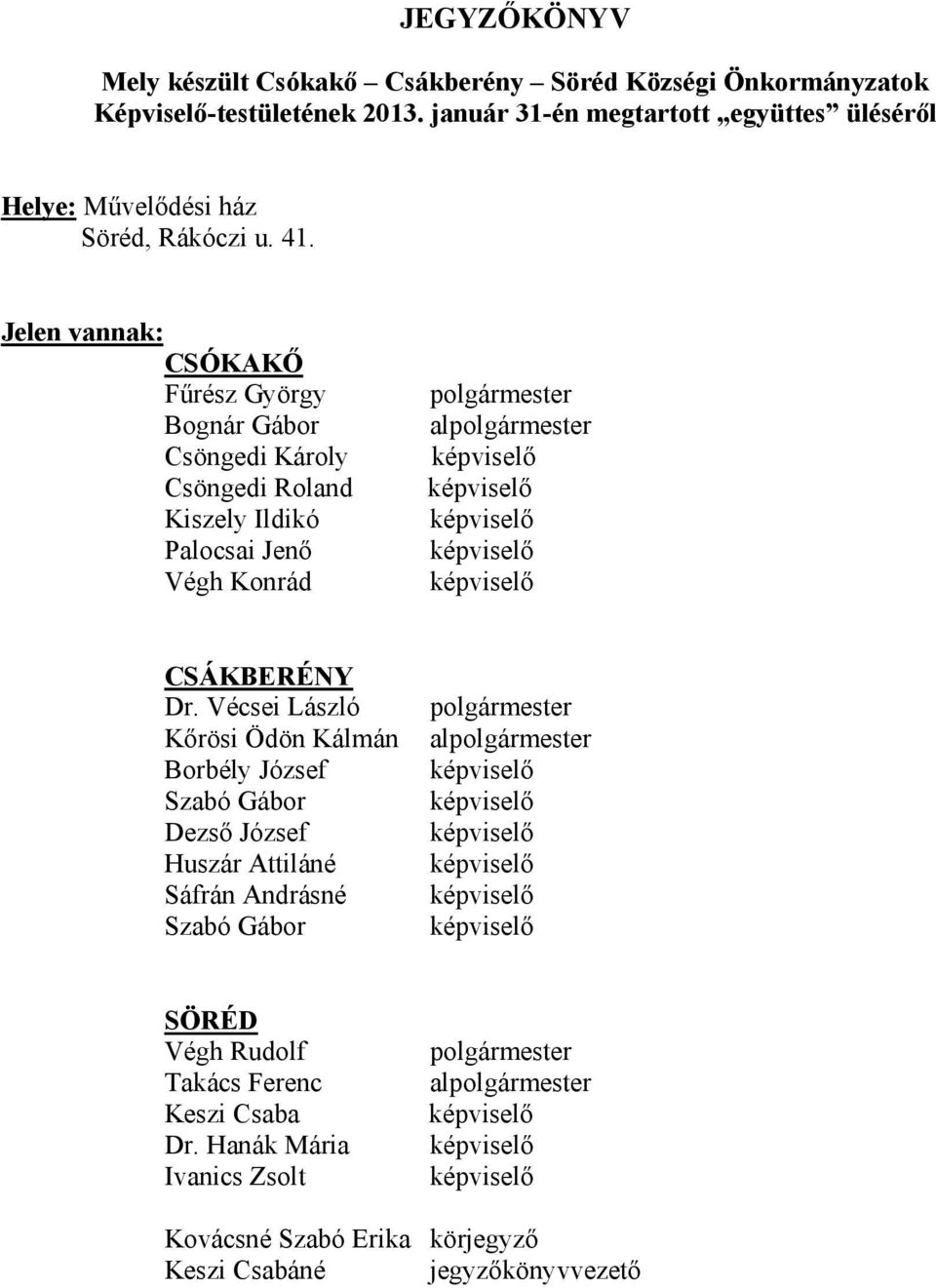 Jelen vannak: CSÓKAKŐ Fűrész György Bognár Gábor Csöngedi Károly Csöngedi Roland Kiszely Ildikó Palocsai Jenő Végh Konrád al CSÁKBERÉNY Dr.