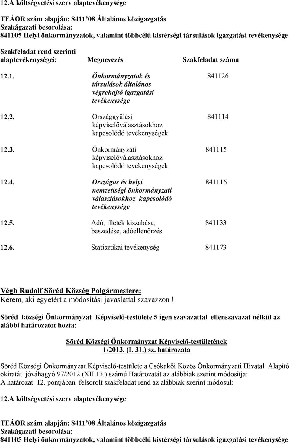 határozatot hozta: Söréd Községi Önkormányzat Képviselő-testületének 1/2013. (I. 31.) sz.