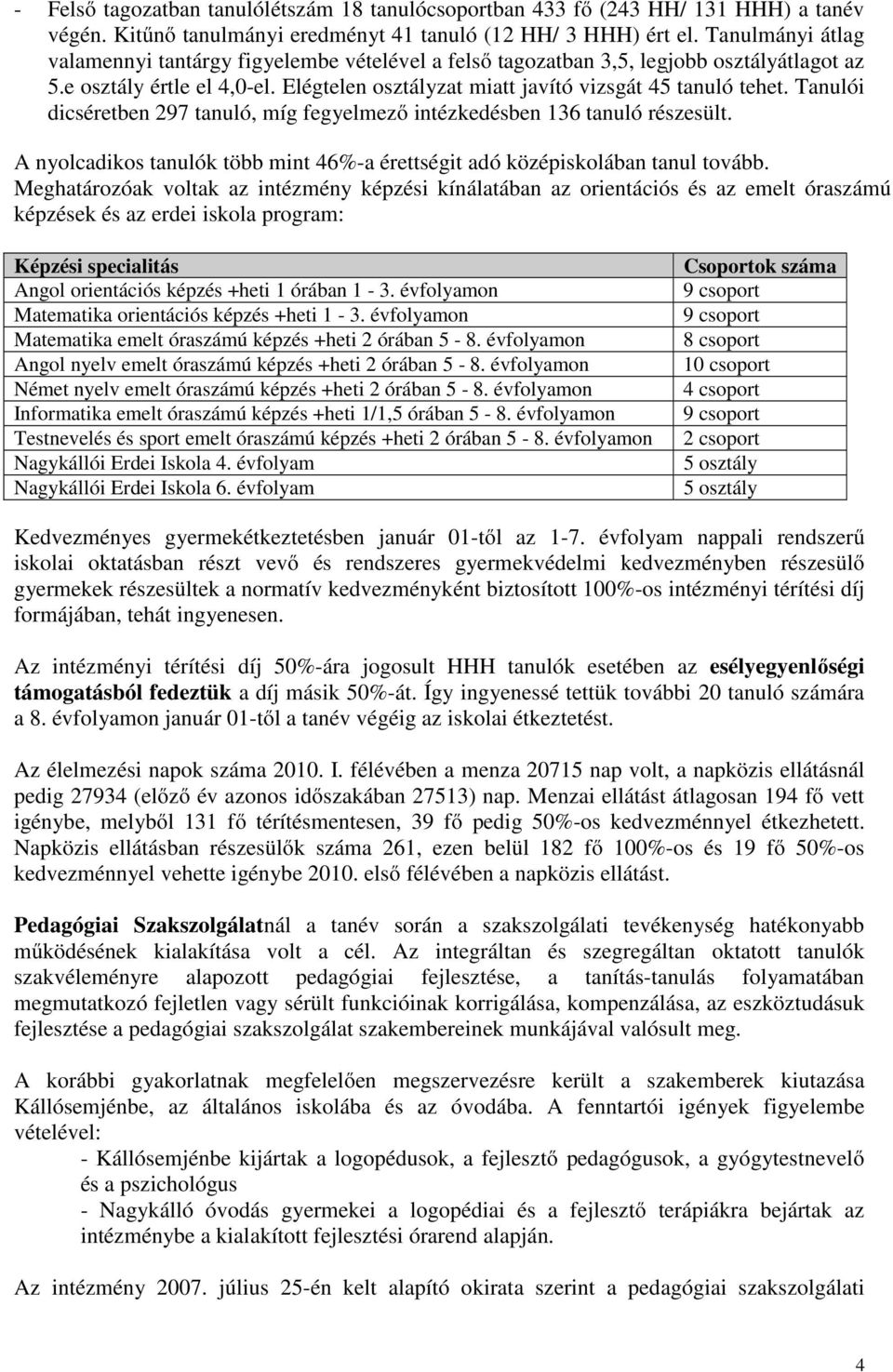 Tanulói dicséretben 297 tanuló, míg fegyelmező intézkedésben 136 tanuló részesült. A nyolcadikos tanulók több mint 46%-a érettségit adó középiskolában tanul tovább.