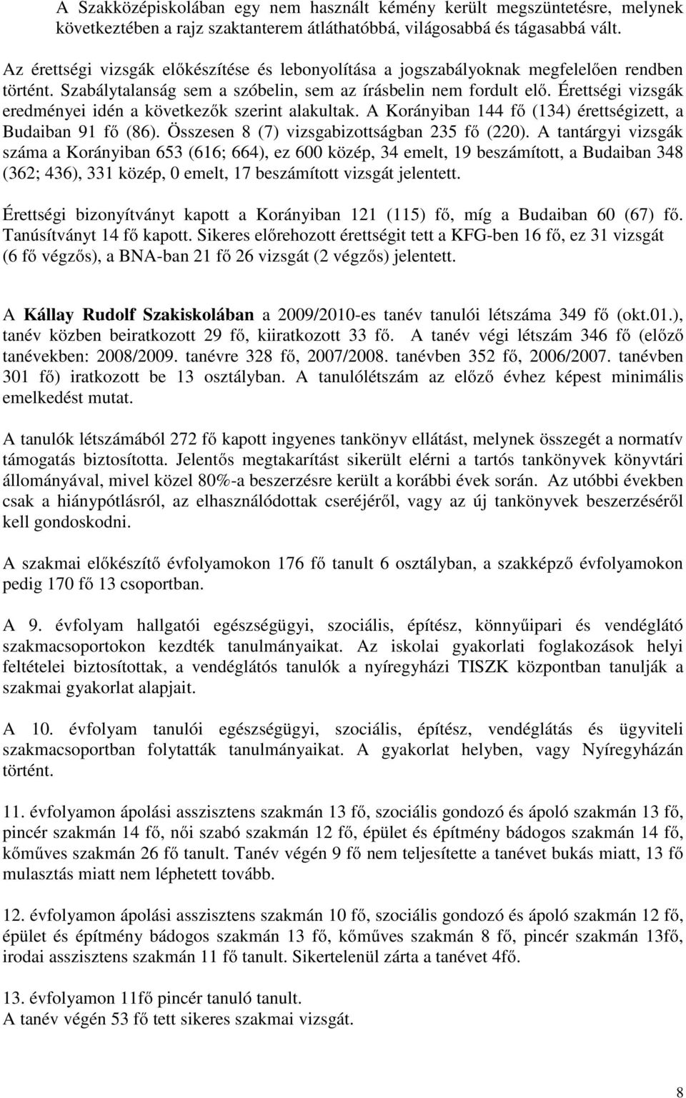 Érettségi vizsgák eredményei idén a következők szerint alakultak. A Korányiban 144 fő (134) érettségizett, a Budaiban 91 fő (86). Összesen 8 (7) vizsgabizottságban 235 fő (220).