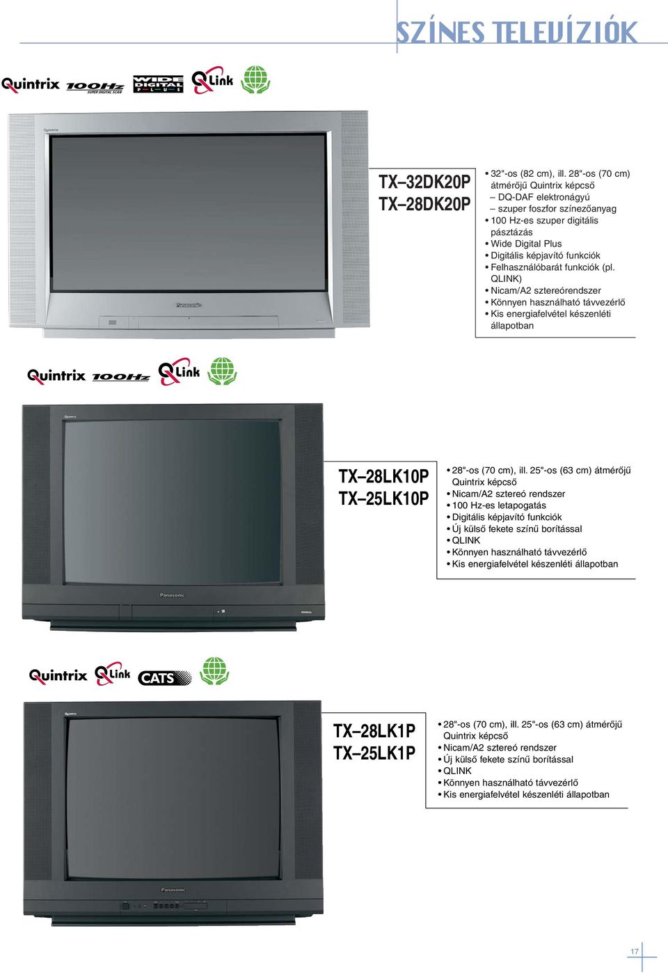 (pl. QLINK) Nicam/A2 sztereórendszer Könnyen használható távvezérlõ Kis energiafelvétel készenléti állapotban TX 28LK10P TX 25LK10P 28"-os (70 cm), ill.