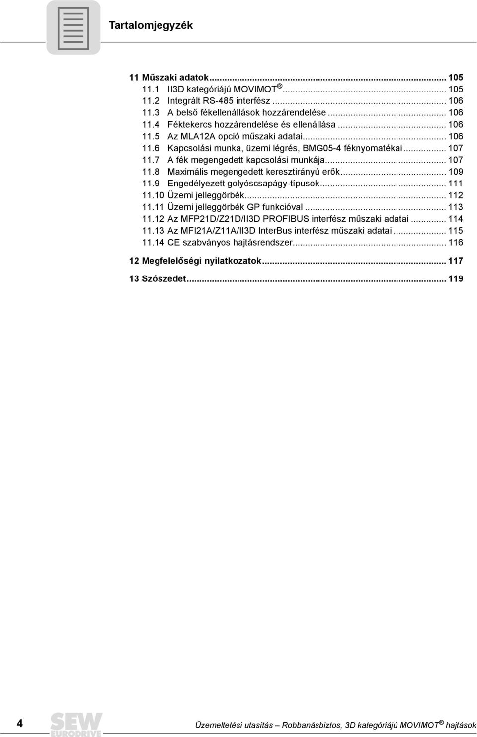 .. 109 11.9 Engedélyezett golyóscsapágy-típusok... 111 11.10 Üzemi jelleggörbék... 112 11.11 Üzemi jelleggörbék GP funkcióval... 113 11.12 Az MFP21D/Z21D/II3D PROFIBUS interfész műszaki adatai.