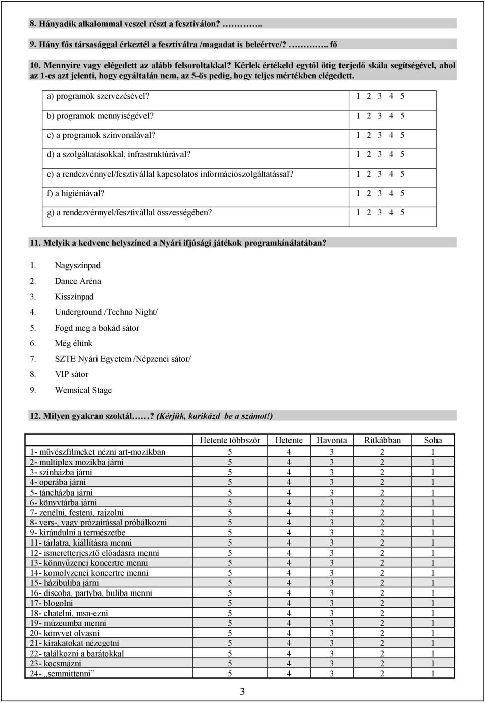 1 2 3 4 5 b) programok mennyiségével? 1 2 3 4 5 c) a programok színvonalával? 1 2 3 4 5 d) a szolgáltatásokkal, infrastruktúrával?