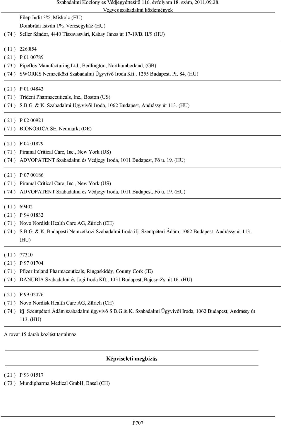 , Boston (US) S.B.G. & K. Szabadalmi Ügyvivői Iroda, 1062 Budapest, Andrássy út 113. (HU) P 02 00921 BIONORICA SE, Neumarkt (DE) P 04 01879 Piramal Critical Care, Inc.