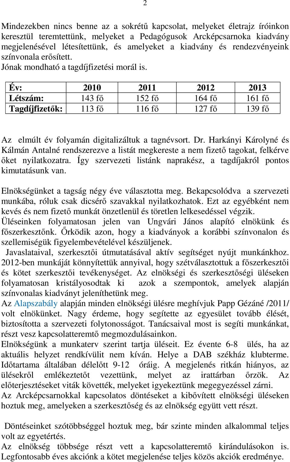 Év: 2010 2011 2012 2013 Létszám: 143 fő 152 fő 164 fő 161 fő Tagdíjfizetők: 113 fő 116 fő 127 fő 139 fő Az elmúlt év folyamán digitalizáltuk a tagnévsort. Dr.