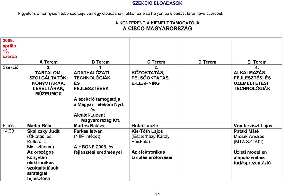 ADATHÁLÓZATI KÖZOKTATÁS, ALKALMAZÁS- TECHNOLÓGIÁK FELSŐOKTATÁS, FEJLESZTÉSI ÉS ÉS E-LEARNING ÜZEMELTETÉSI FEJLESZTÉSEK TECHNOLÓGIÁK A szekció támogatója a Magyar Telekom Nyrt.