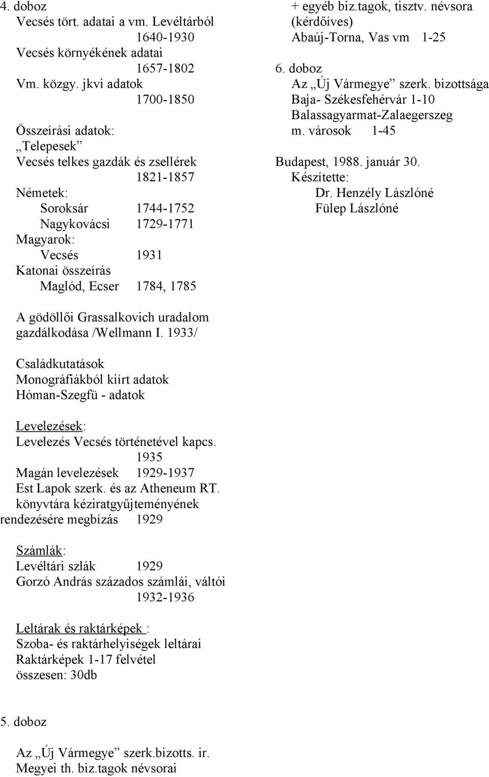 1784, 1785 + egyéb biz.tagok, tisztv. névsora (kérdőíves) Abaúj-Torna, Vas vm 1-25 6. doboz Az Új Vármegye szerk. bizottsága Baja- Székesfehérvár 1-10 Balassagyarmat-Zalaegerszeg m.