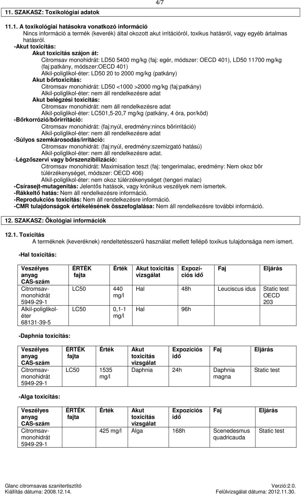 2000 mg/kg (patkány) Akut bőrtoxicitás: Citromsav monohidrát: LD50 <1000 >2000 mg/kg (faj:patkány) Alkil-poliglikol-éter: nem áll rendelkezésre adat Akut belégzési toxicitás: Citromsav monohidrát: