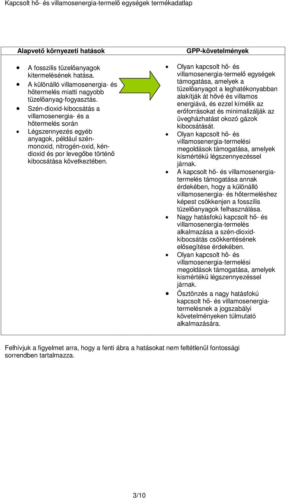 GPP-követelmények Olyan kapcsolt hő- és villamosenergia-termelő egységek támogatása, amelyek a tüzelőanyagot a leghatékonyabban alakítják át hővé és villamos energiává, és ezzel kímélik az