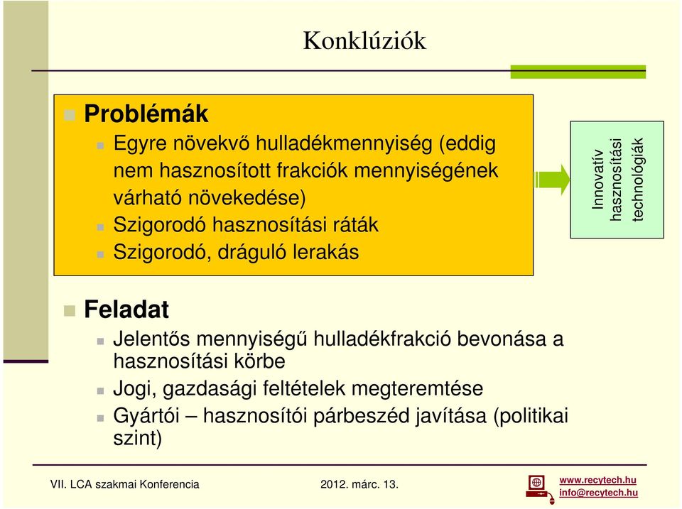 Innovatív hasznosítási technológiák Feladat Jelentős mennyiségű hulladékfrakció bevonása a