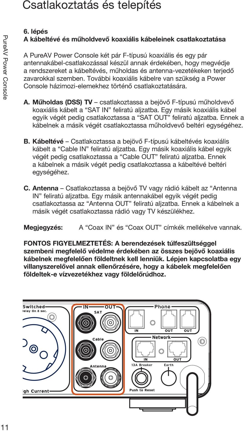 kábeltévés, műholdas és antenna-vezetékeken terjedő zavarokkal szemben. További koaxiális kábelre van szükség a Power Console házimozi-elemekhez történő csatlakoztatására. A.