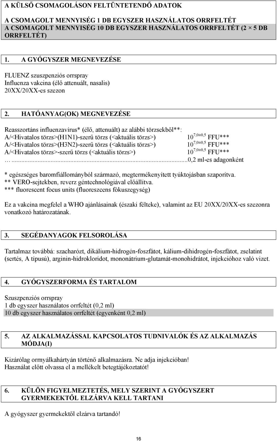 HATÓANYAG(OK) MEGNEVEZÉSE Reasszortáns influenzavírus* (élő, attenuált) az alábbi törzsekből**: A/<Hivatalos törzs>(h1n1)-szerű törzs (<aktuális törzs>) 10 7,0±0,5 FFU*** A/<Hivatalos