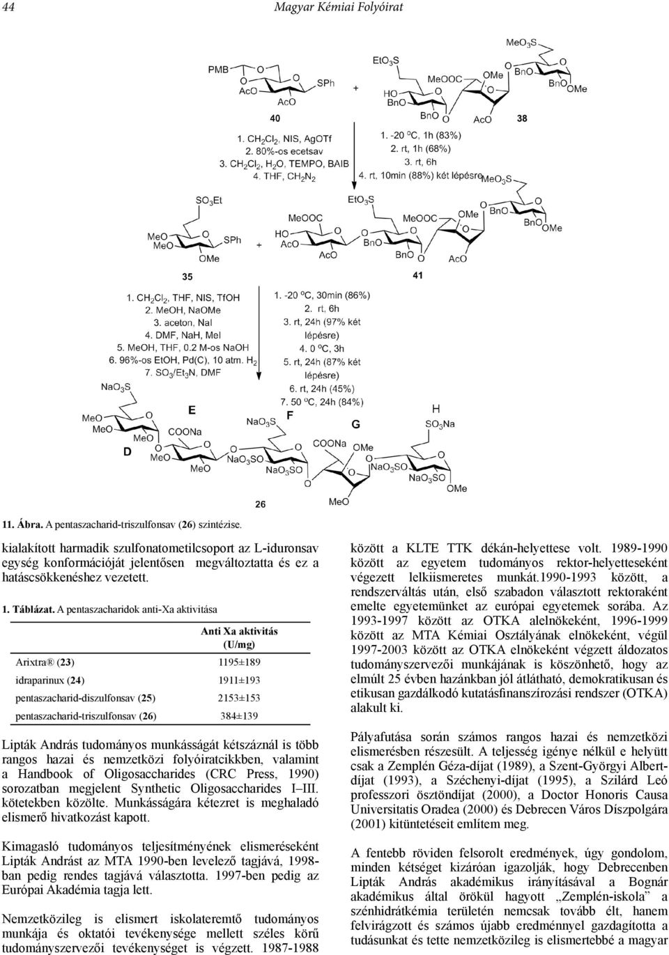 A pentaszacharidok anti-xa aktivitása Anti Xa aktivitás (U/mg) Arixtra (23) 1195±189 idraparinux (24) 1911±193 pentaszacharid-diszulfonsav (25) 2153±153 pentaszacharid-triszulfonsav (26) 384±139