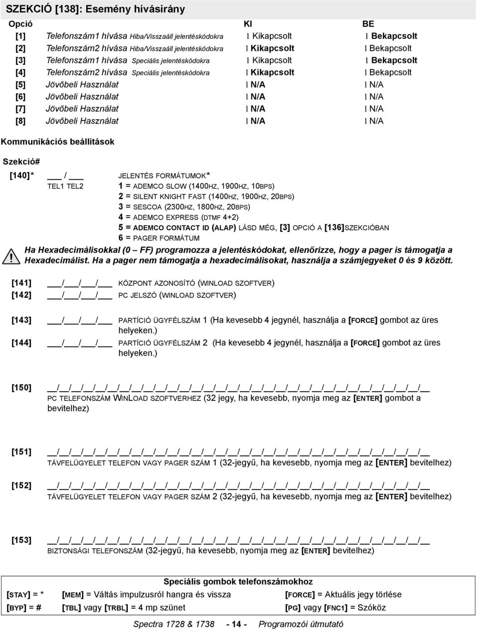 [6] Jövőbeli Használat l N/A l N/A [7] Jövőbeli Használat l N/A l N/A [8] Jövőbeli Használat l N/A l N/A Kommunikációs beállítások Szekció# [140]* / TEL1 TEL2 JELENTÉS FORMÁTUMOK* 1 = ADEMCO SLOW