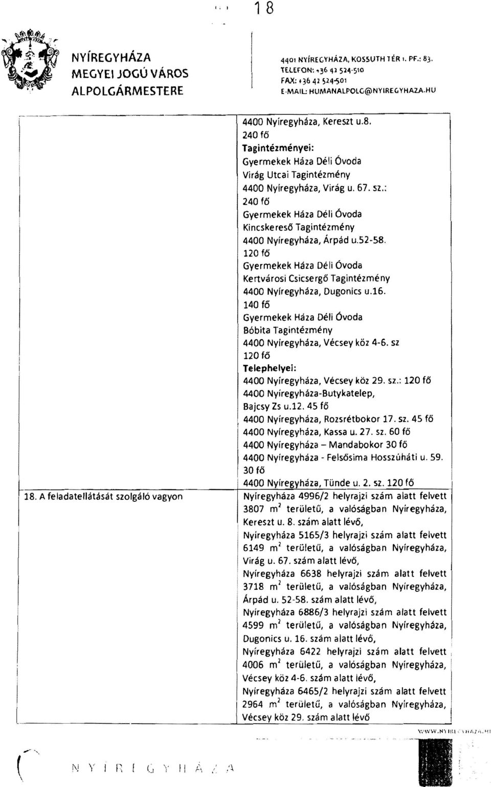 A feladatellátását szolgáló vagyon 4400 Nyíregyháza, Kereszt u.8. 240 fő Tagintézményei: Gyermekek Háza Déli Óvoda Virág Utcai Tagintézmény 4400 Nyíregyháza, Virág u. 67. sz.: 240 fő Gyermekek Háza Déli Óvoda Kincskereső Tagintézmény 4400 Nyíregyháza, Árpád u.