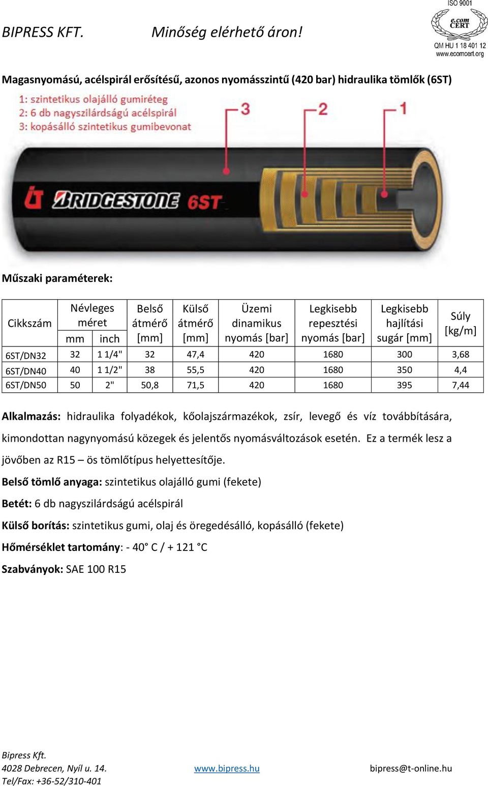 jelentős nyomásváltozások esetén. Ez a termék lesz a jövőben az R15 ös tömlőtípus helyettesítője.