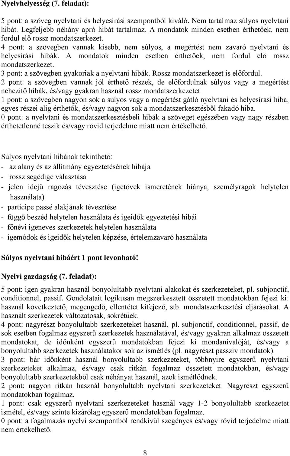 A mondatok minden esetben érthetőek, nem fordul elő rossz mondatszerkezet. 3 pont: a szövegben gyakoriak a nyelvtani hibák. Rossz mondatszerkezet is előfordul.