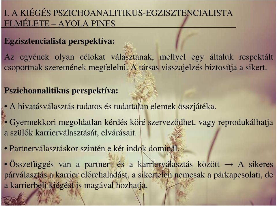 Gyermekkori megoldatlan kérdés köré szerveződhet, vagy reprodukálhatja a szülők karrierválasztását, elvárásait. Partnerválasztáskor szintén e két indok dominál.
