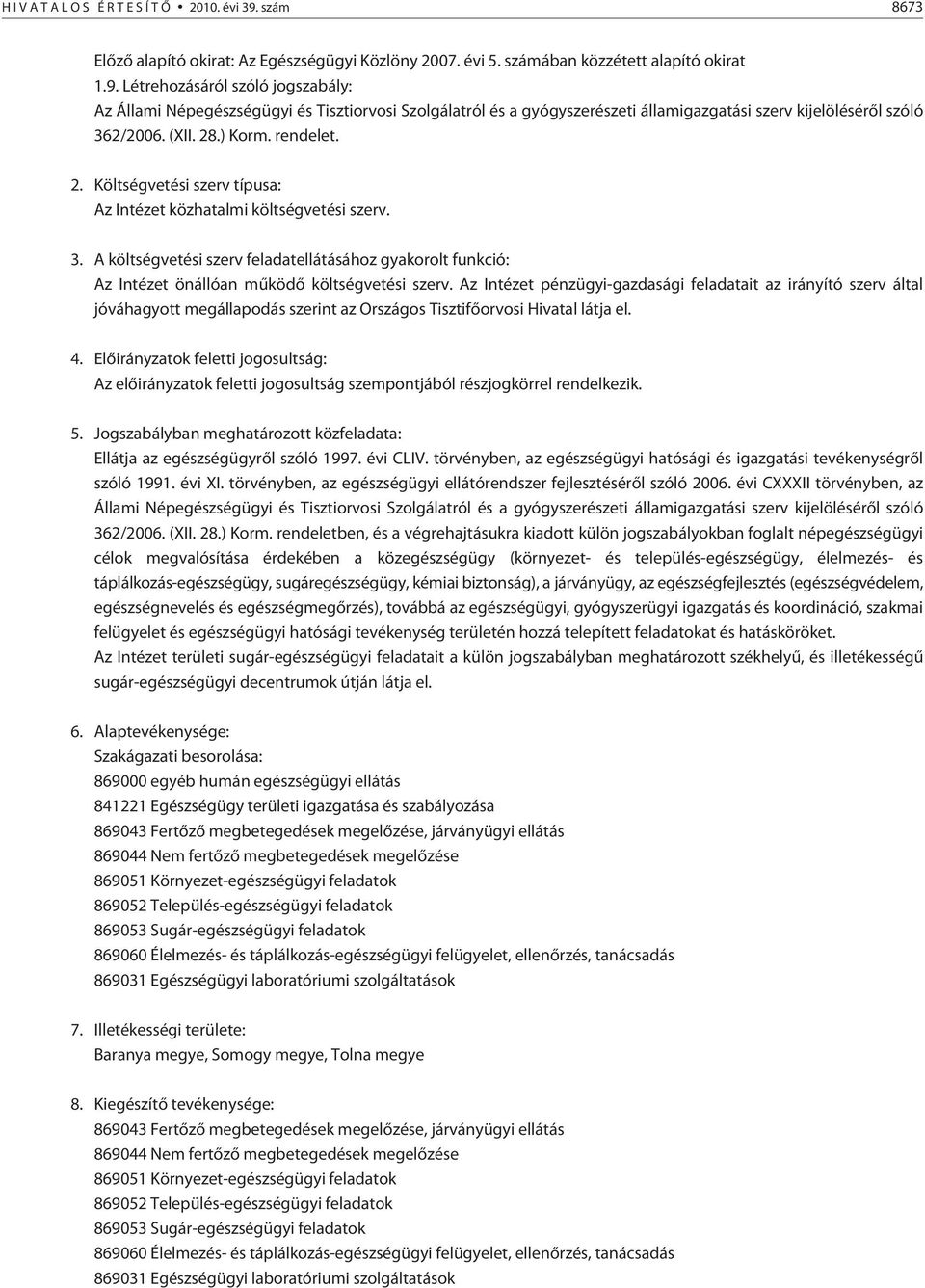 A költségvetési szerv feladatellátásához gyakorolt funkció: Az Intézet önállóan mûködõ költségvetési szerv.
