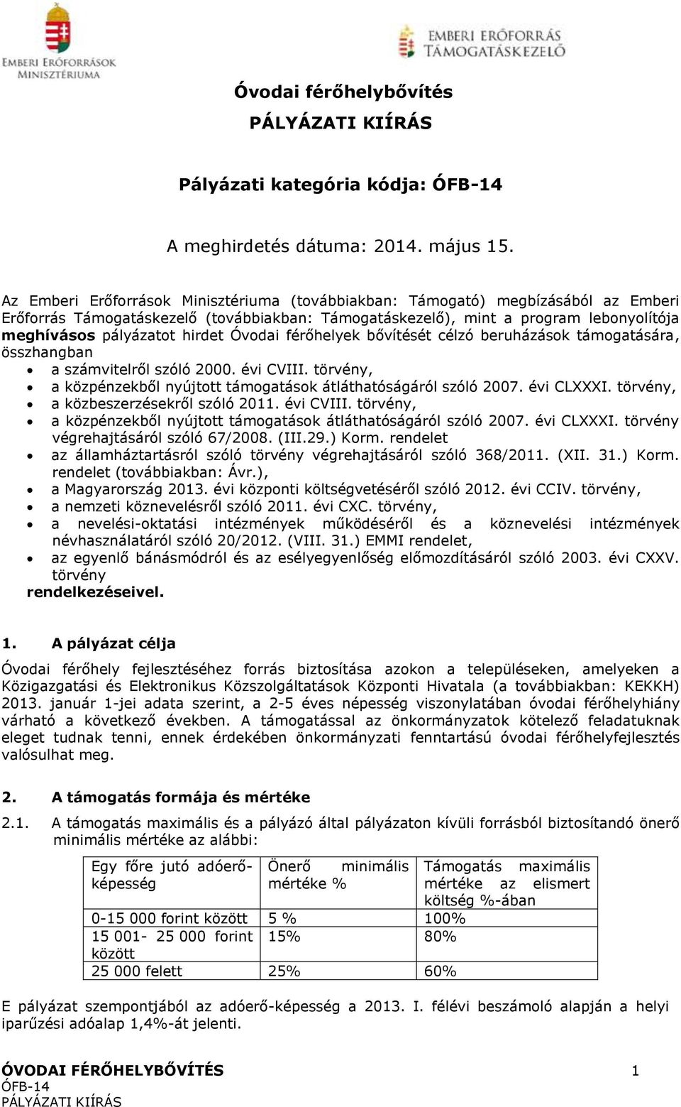 hirdet Óvodai férőhelyek bővítését célzó beruházások támogatására, összhangban a számvitelről szóló 2000. évi CVIII. törvény, a közpénzekből nyújtott támogatások átláthatóságáról szóló 2007.