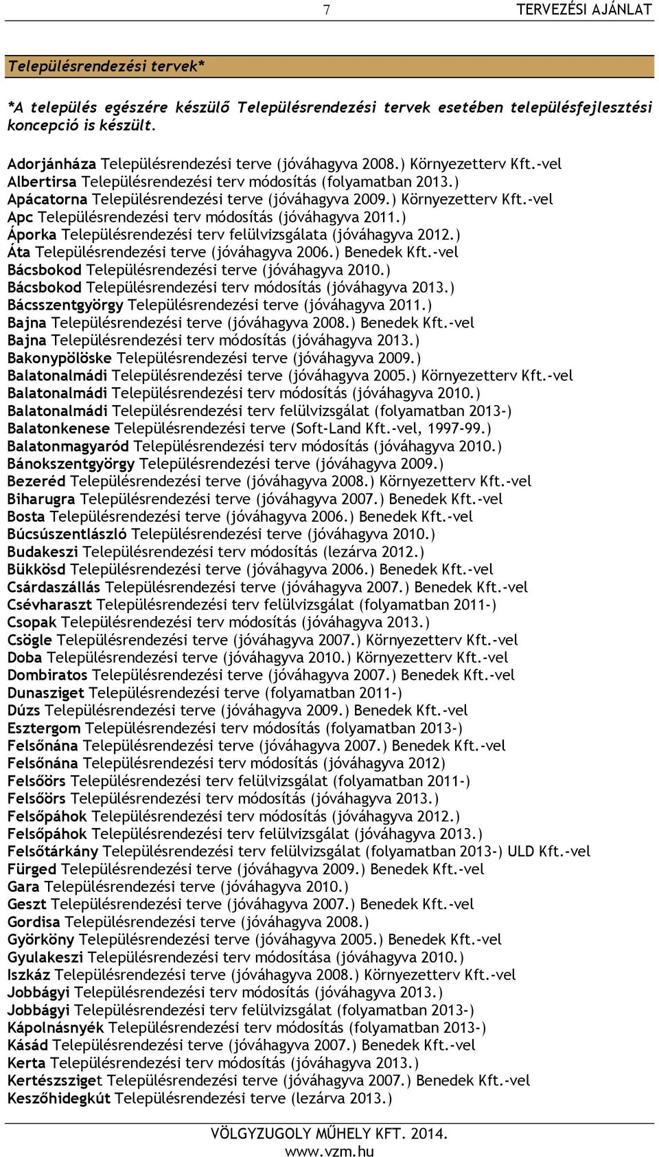 ) Környezetterv Kft.-vel Apc Településrendezési terv módosítás (jóváhagyva 2011.) Áporka Településrendezési terv felülvizsgálata (jóváhagyva 2012.) Áta Településrendezési terve (jóváhagyva 2006.