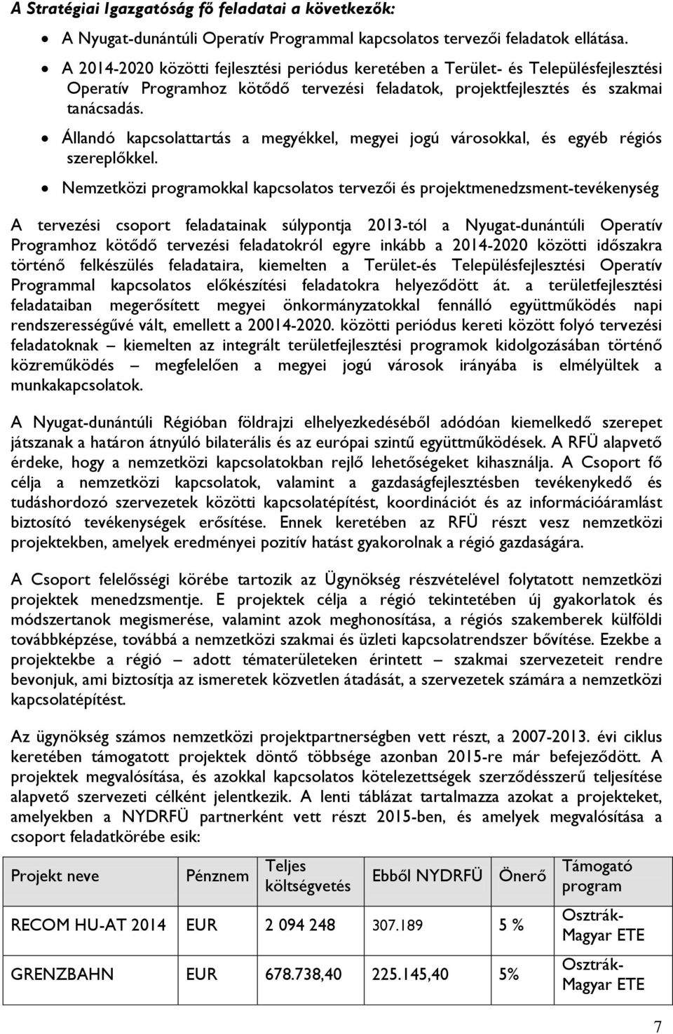 Állandó kapcsolattartás a megyékkel, megyei jogú városokkal, és egyéb régiós szereplőkkel.