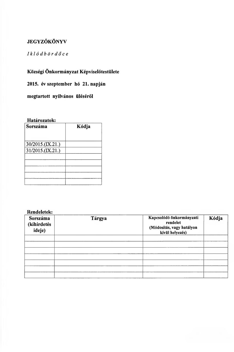 napján megtartott nyilvános üléséről Határozatok: Sorszáma Kódja 30/2015.(IX.21.