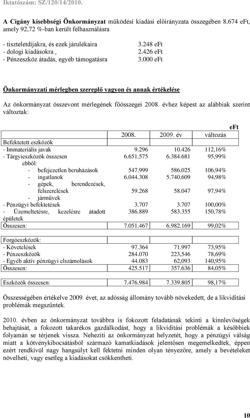 000 eft Önkormányzati mérlegben szereplő vagyon és annak értékelése Az önkormányzat összevont mérlegének főösszegei 2008. évhez képest az alábbiak szerint változtak: 2008. 2009.