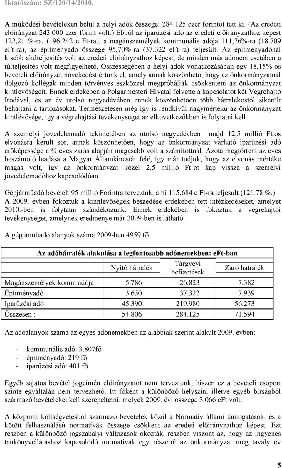 Az építményadónál kisebb alulteljesítés volt az eredeti hoz képest, de minden más adónem esetében a túlteljesítés volt megfigyelhető.