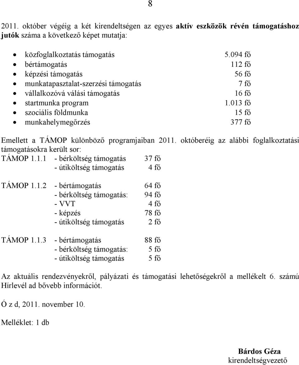 013 fő szociális földmunka 15 fő munkahelymegőrzés 377 fő Emellett a TÁMOP különböző programjaiban 2011. októberéig az alábbi foglalkoztatási támogatásokra került sor: TÁMOP 1.1.1 - bérköltség támogatás 37 fő - útiköltség támogatás 4 fő TÁMOP 1.