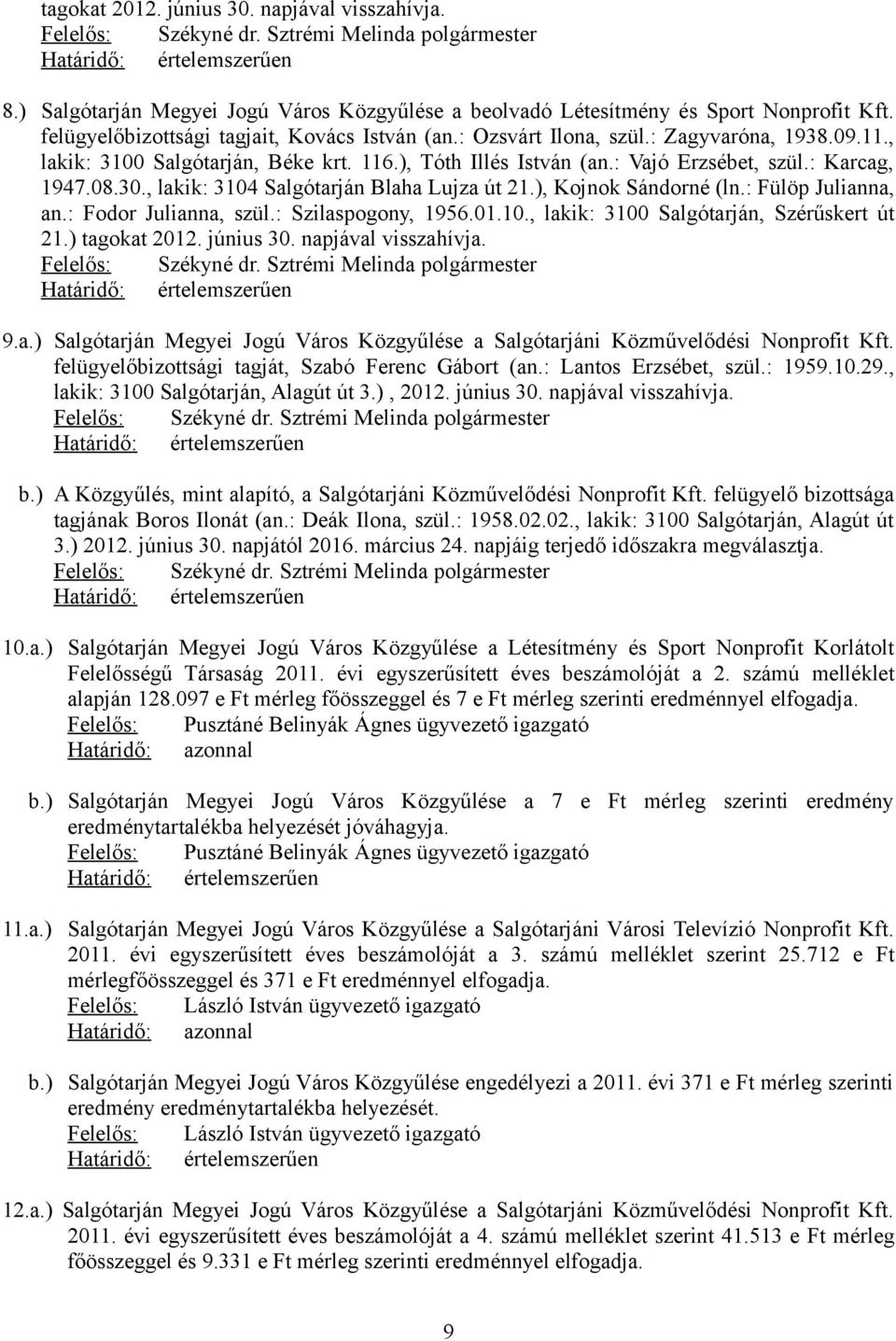 30., lakik: 3104 Salgótarján Blaha Lujza út 21.), Kojnok Sándorné (ln.: Fülöp Julianna, an.: Fodor Julianna, szül.: Szilaspogony, 1956.01.10., lakik: 3100 Salgótarján, Szérűskert út 21.) tagokat 2012.