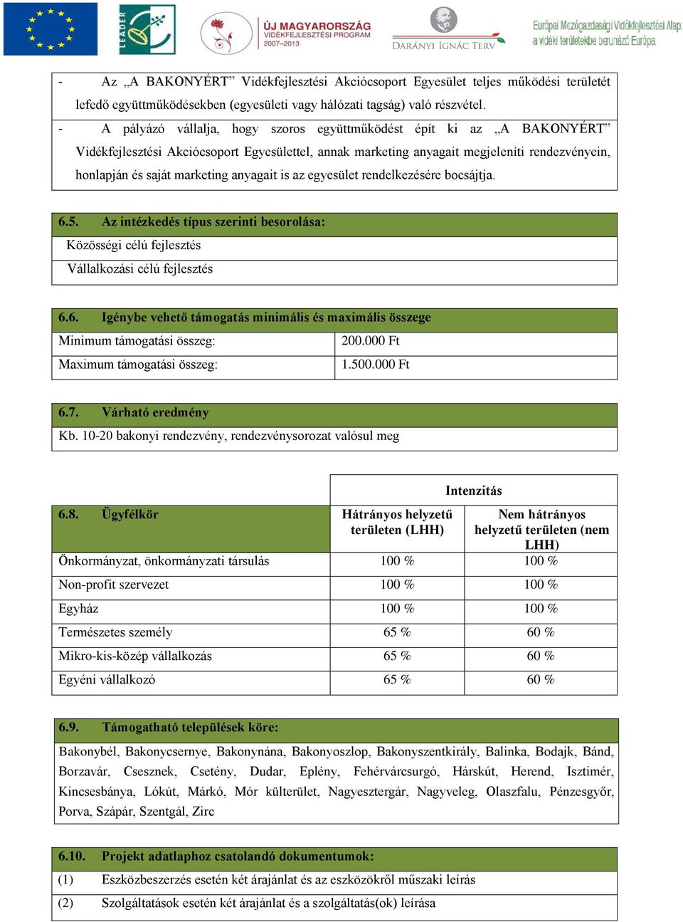 anyagait is az egyesület rendelkezésére bocsájtja. 6.5. Az intézkedés típus szerinti besorolása: Közösségi célú fejlesztés Vállalkozási célú fejlesztés 6.6. Igénybe vehető támogatás minimális és maximális összege Minimum támogatási összeg: 200.