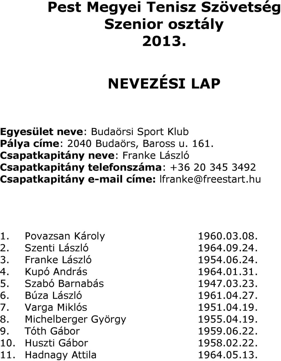 Povazsan Károly 1960.03.08. 2. Szenti László 1964.09.24. 3. Franke László 1954.06.24. 4. Kupó András 1964.01.31. 5.