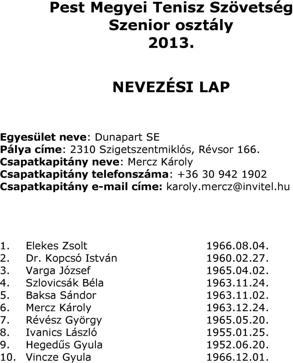 mercz@invitel.hu 1. Elekes Zsolt 1966.08.04. 2. Dr. Kopcsó István 1960.02.27. 3. Varga József 1965.04.02. 4.